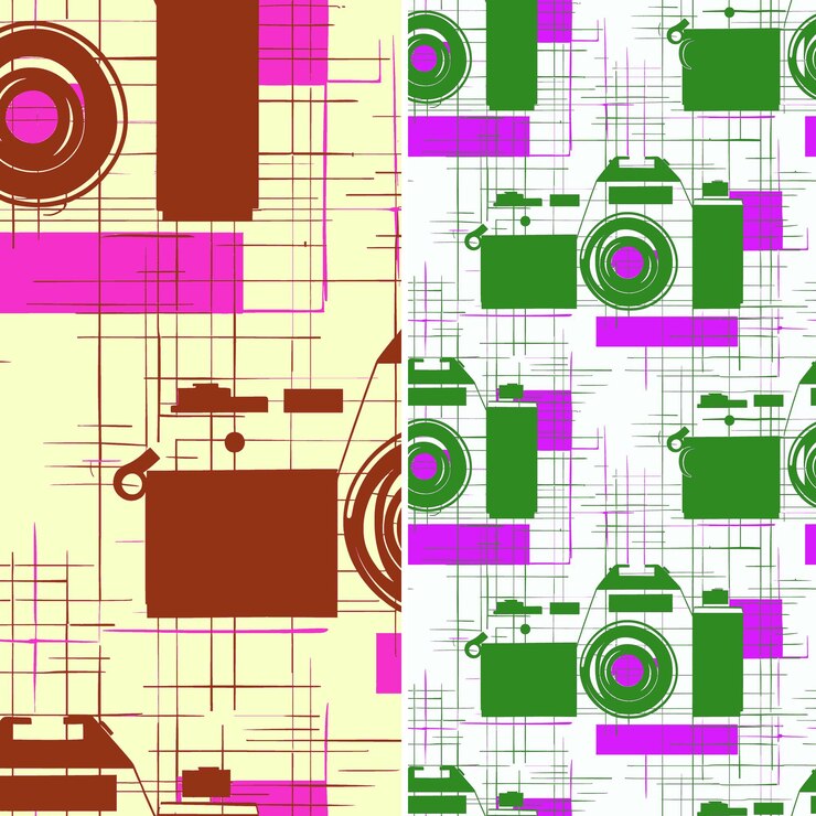 PSD camera with lens silhouette and travel design with grid patt illustration vector pattern designs