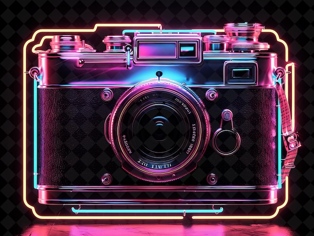 A camera with the lens turned to the left and the bottom of the lens is a bright neon