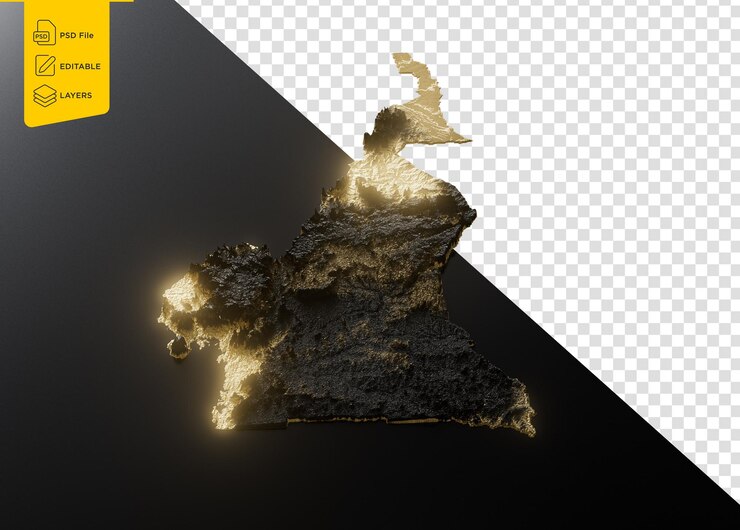 PSD 喀麥隆地圖 金屬質感地圖 金儲備和金礦概念 3d插圖