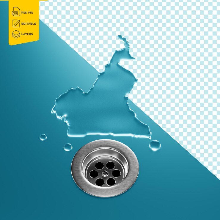PSD cameroon water map with drainage metal sink save water and water wastage concept 3d illustration