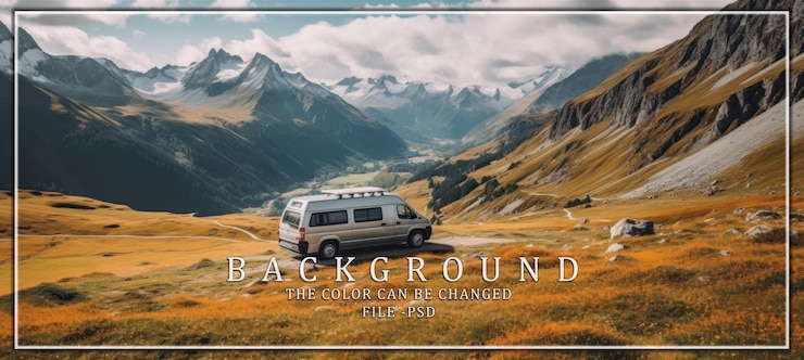 PSD camper van parked in alpine valley