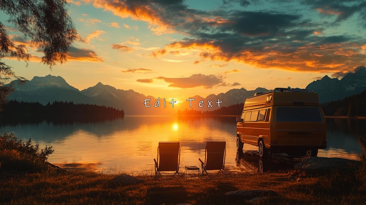 PSD campervan sunset lakeside camping