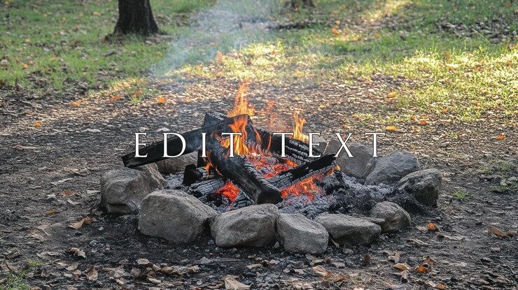 PSD campfire burning brightly in a forest clearing surrounded by rocks