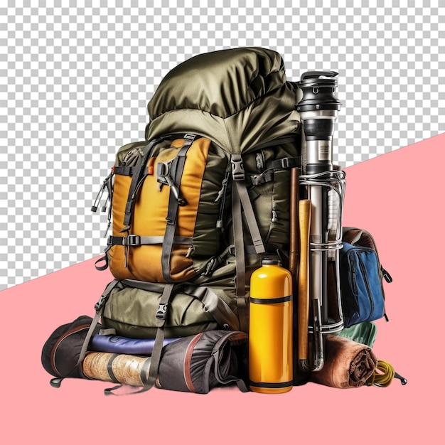 PSD Кемпинговое снаряжение в туристическом рюкзаке с изолированным объектом на прозрачном фоне