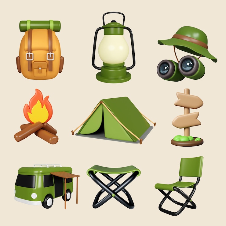 PSD camping essentials collectie met uitrusting en accessoires 3d render illustratie
