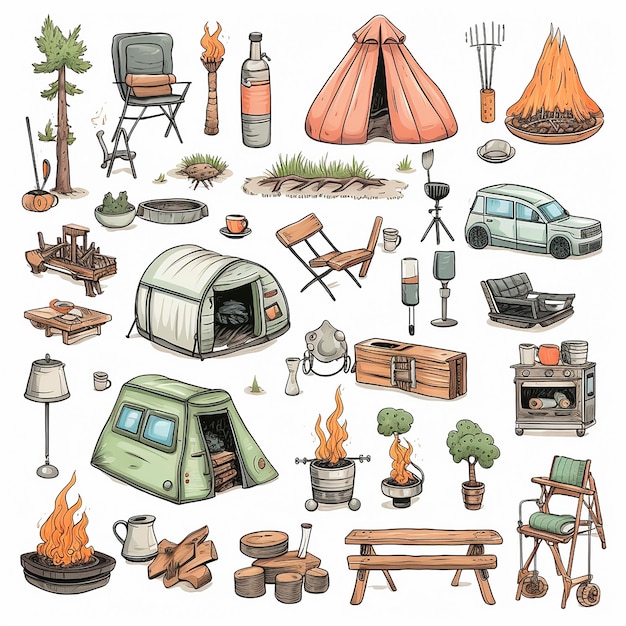 PSD camping_stuffs_clipart_sets_white_background_pastel_colors