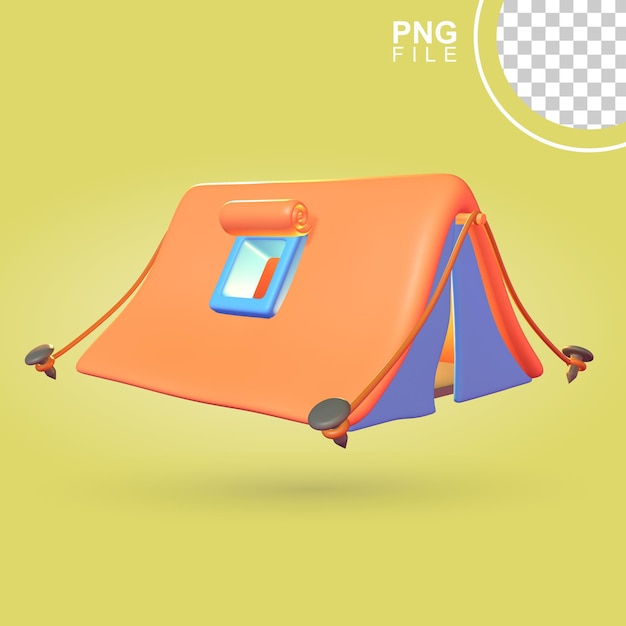 PSD camping tent in vibrant orange and blue 3d icon illustration