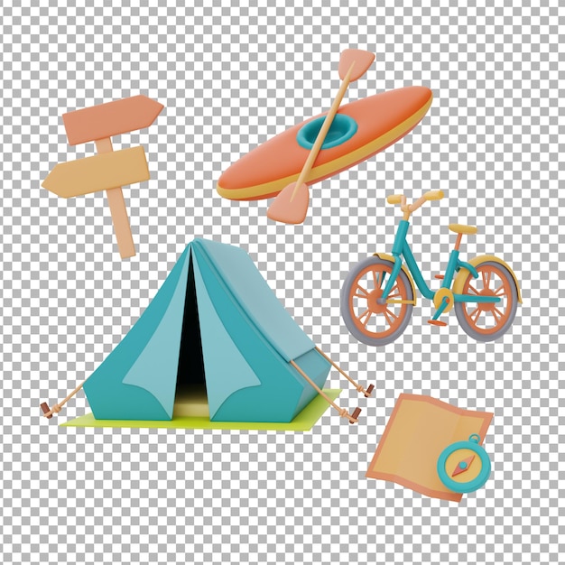 kayakbicyclesignpostmapとcompasscampingアクティビティconceptsummerキャンプconcept3dレンダリングを備えたキャンプテント