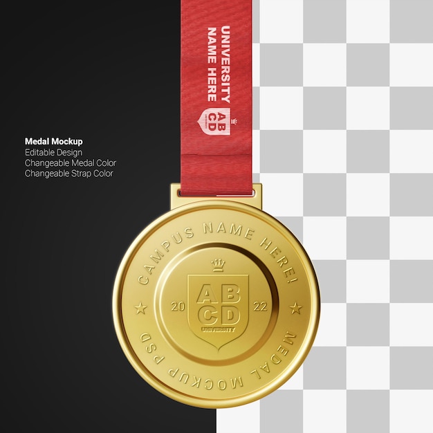 Кулон с золотой металлической медалью из выпускного круга кампуса с ремешком, реалистичный редактируемый макет логотипа