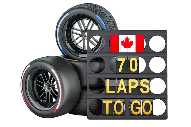Canadian racing pit board with flag of Canada and racing wheels with different compounds type tyres 3D rendering isolated on transparent background