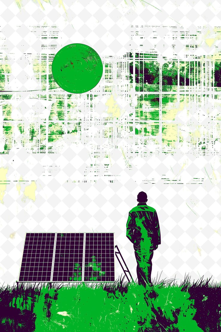 PSD candidate at a renewable energy facility discussing bitcoins flat illustration idea designs
