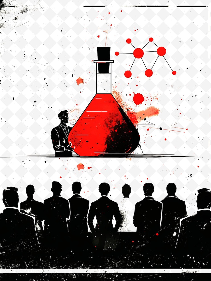 PSD candidate speaking to a group of scientists with red beaker png flat illustration background