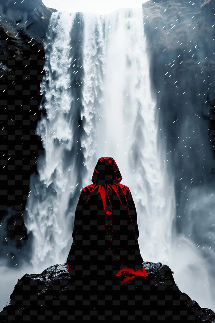 PSD a candidate visiting a waterfall with a red raincoat mist te png flat illustration background