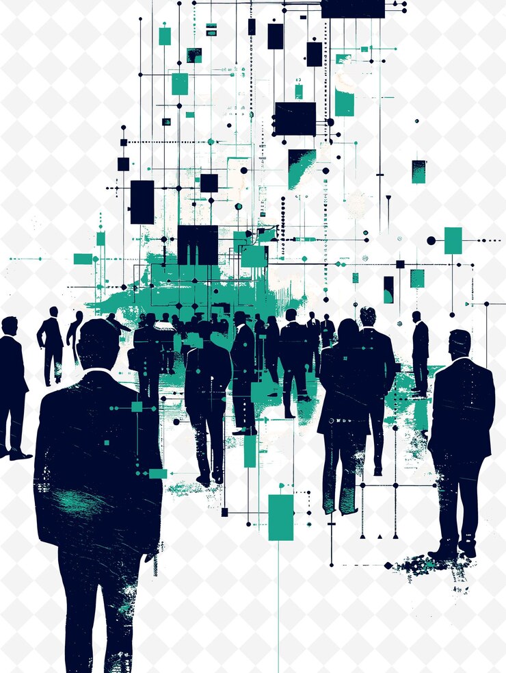PSD candidates attending a blockchain conference networking with flat illustration idea designs