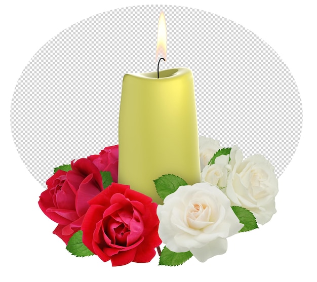 PSD candle and colored roses with flame