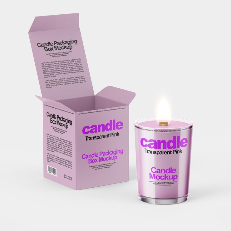 PSD candle pink transparent glass and matte box mockup