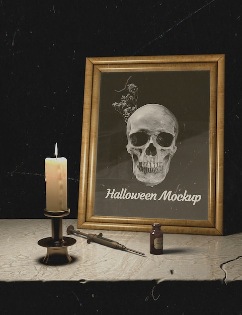 Candles and halloween mock-up frame with skull