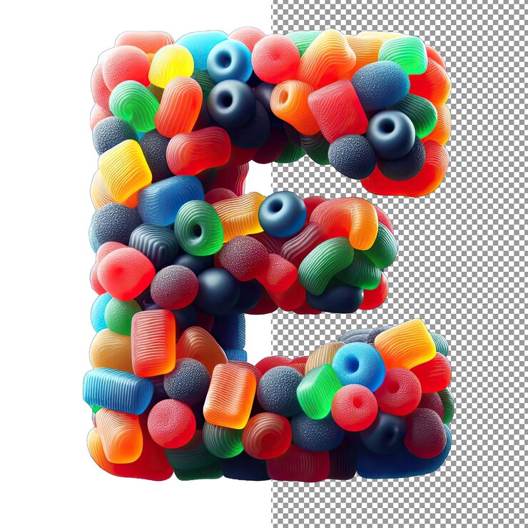 PSD candy characters single 3d gummy letter in transparent splendor