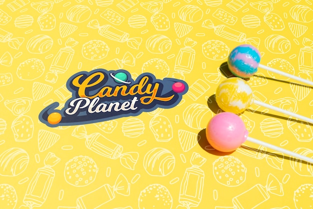 PSD candy planet logo with lollipop sugar planets