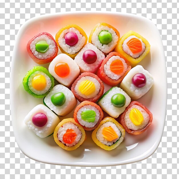 PSD candy sushi in white plate in white plate on transparent background