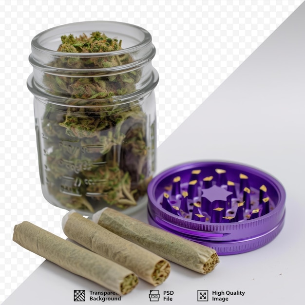 PSD 紫色のグラインダーとプレロールジョイント付きのガラス瓶に入った大麻