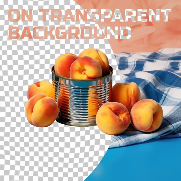 PSD canned peaches over blue fabric background isolated on transparent background