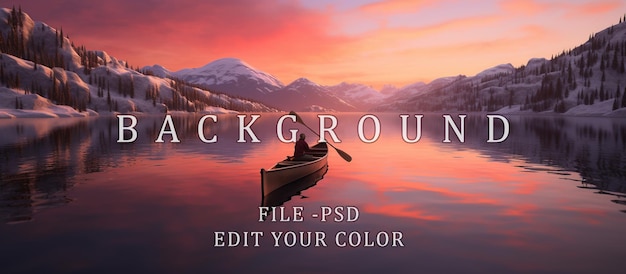 PSD canoeing on an icy mountainside lake sunset light orange red purple and pink