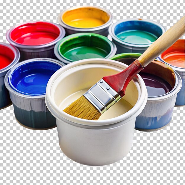 PSD cans of paint and brush on transparent background