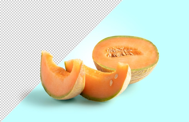 PSD cantaloupe cut in half and slice on editable background