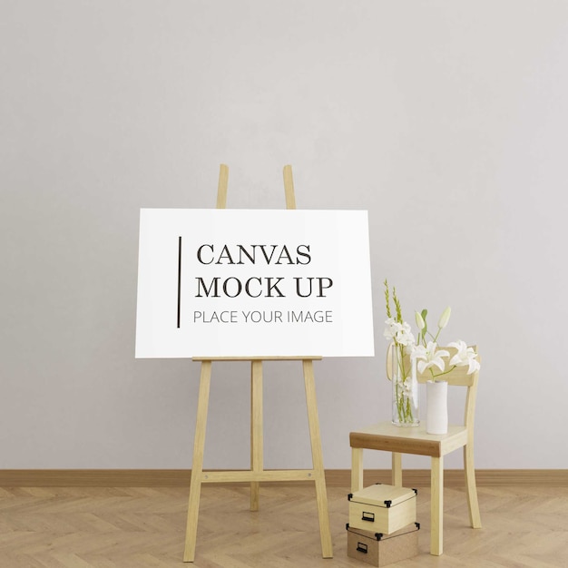 PSD canvas mock up on a easel with wooden chair