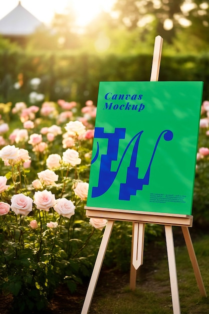 PSD canvas mockup tussen bloemen