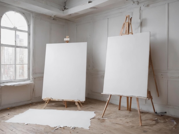 PSD canvas mockup white blank canvas in art room