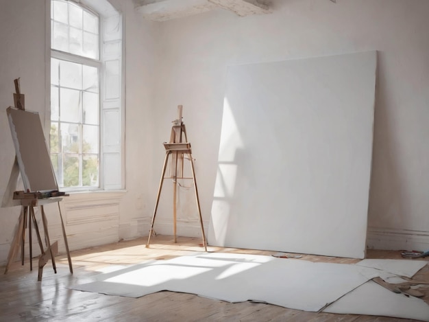 PSD canvas mockup white blank canvas in art room