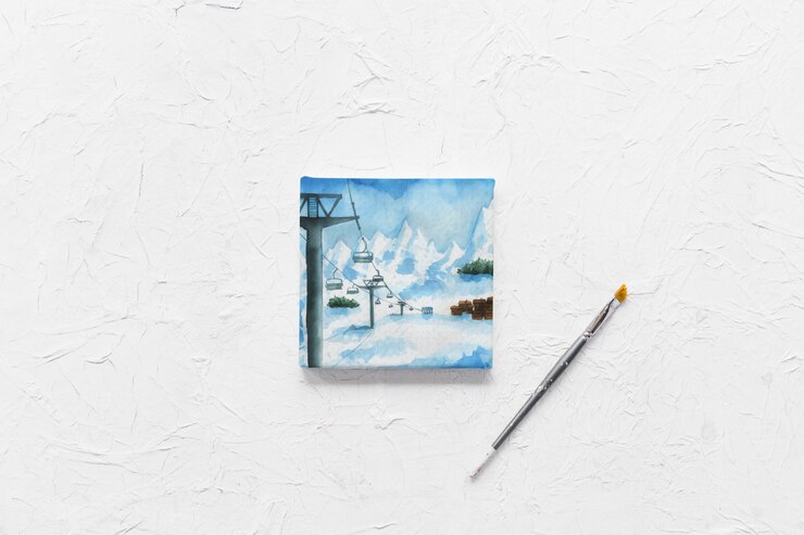PSD canvas mockup with paint materials