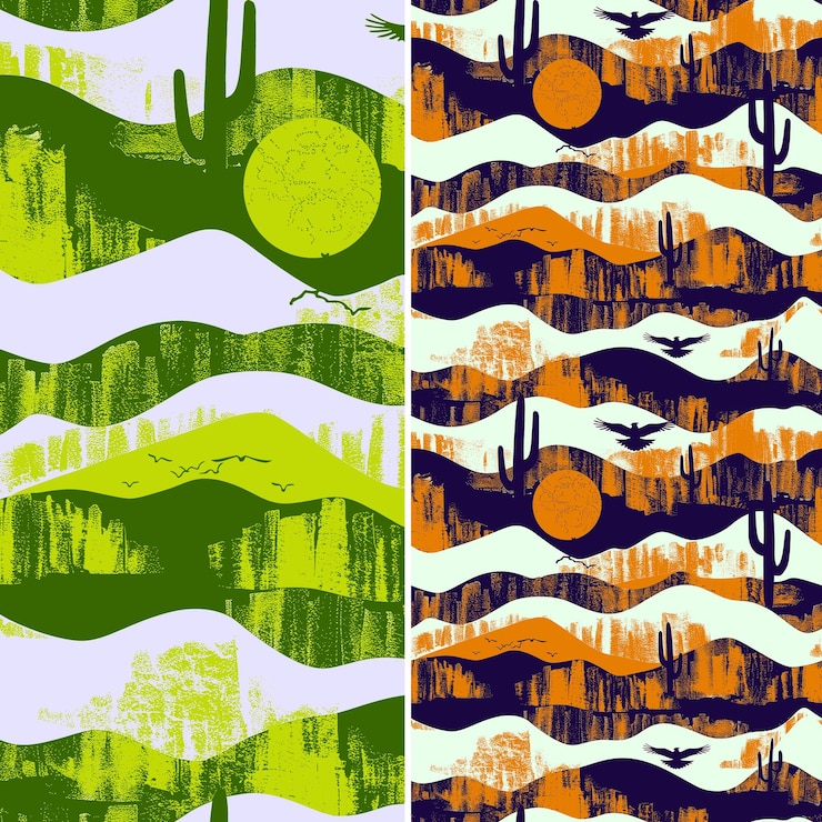 PSD canyon patterns with canyon cactus and eagle silhouettes ear png traditional abstract designs