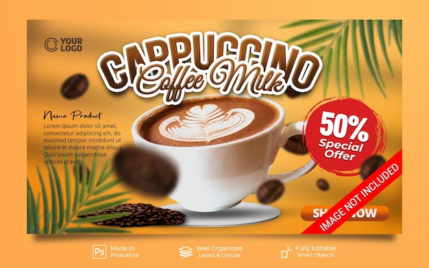 Bevanda speciale al latte caffè cappuccino con modello di banner sito web post sui social media di decorazione