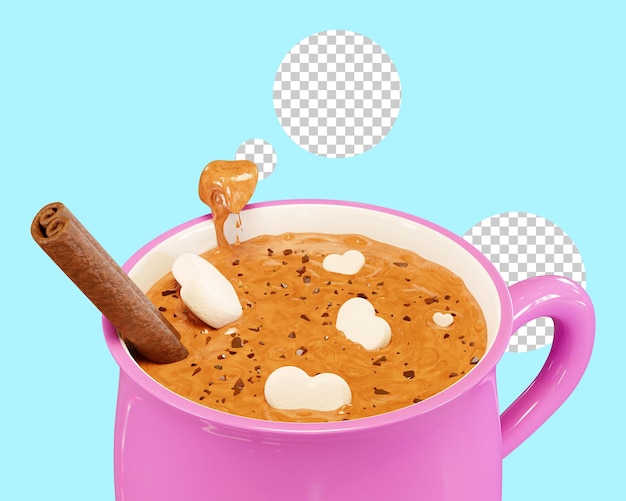 Cappuccino mug with marshmallow hearts and chocolate pieces. beverage on valentine's day