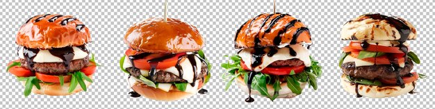 PSD caprese burger z mozzarellą, pomidorem i glazurą balsamiczną na przezroczystej tle