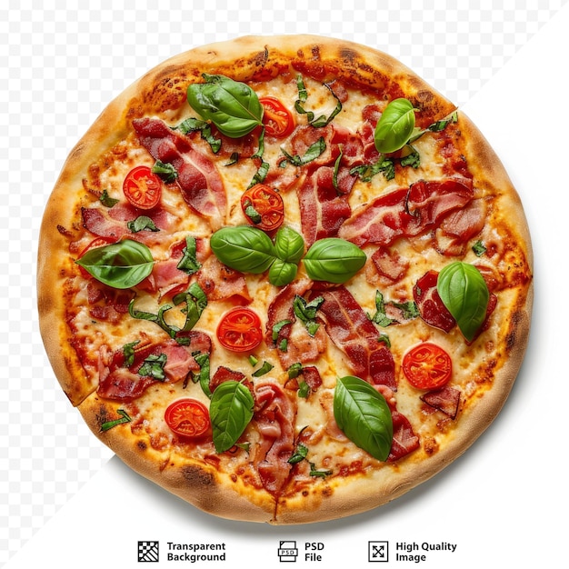 PSD capricciosa pizza with cheese bacon and tomatoes and basil on a white isolated background top view