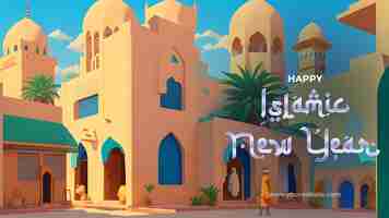 PSD 魅惑的なイスラム新年モスクのイラストバナーは、新たな始まりの精神を受け入れます