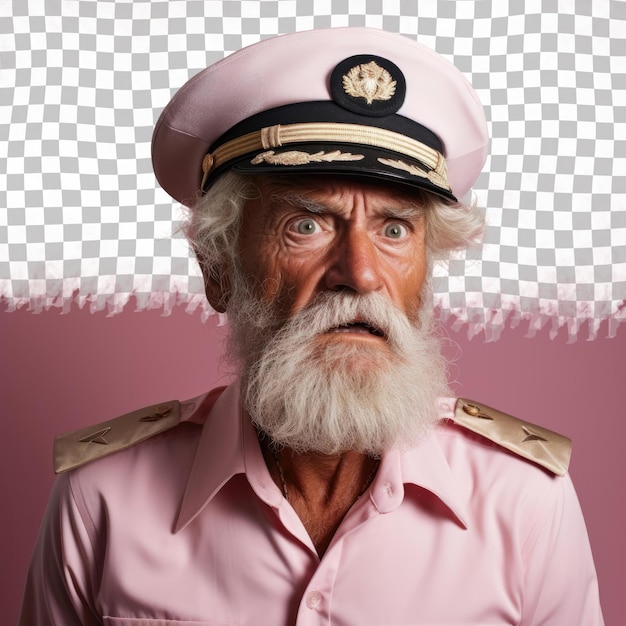 PSD captivating senior boat captain frustrated middle eastern man blond hair casual hair tug pose on pastel beige