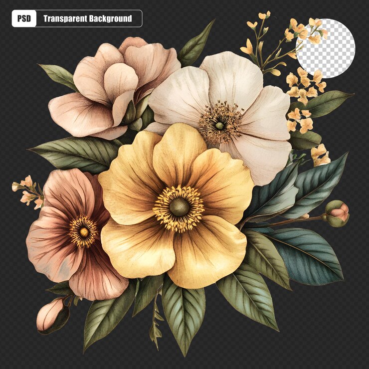 A captivating watercolor painting of a floral bouquet showcasing peach yellow and white blooms