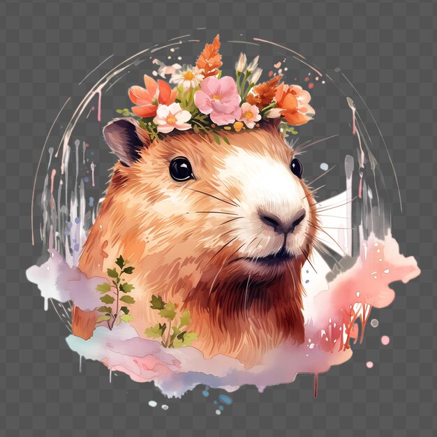 PSD capybara head with flowers on his head in the sty waterclor style isolated psd transparent design