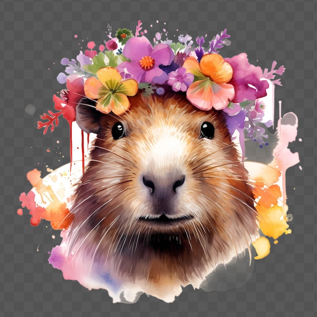 PSD capybara head with flowers on his head in the sty waterclor style isolated psd transparent design