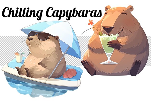 PSD 수영장에서 놀고 있는 capybaras 클립아트 디자인