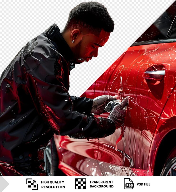 PSD car detailing worker washing the exterior of a customer motorcar png psd