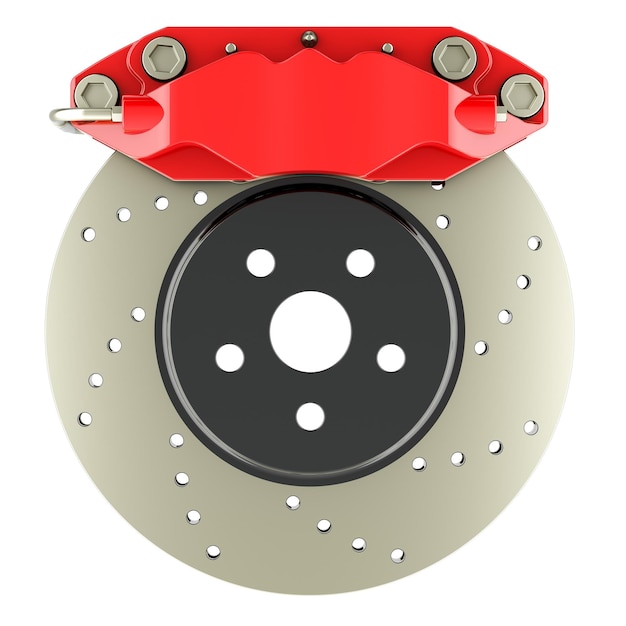 car disc brake with caliper front view 3d rendering isolated on transparent background