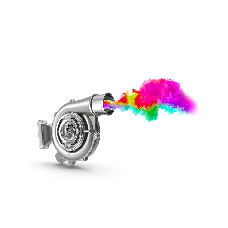 PSD car engine part turbo on colour smoke