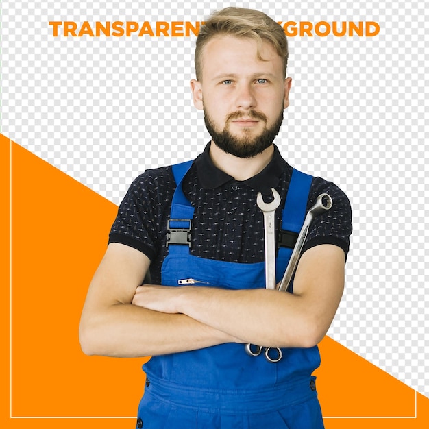 car mechanic holding tool with transparent background