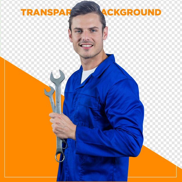 car mechanic holding tool with transparent background